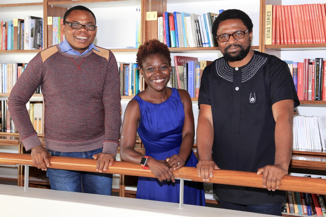 Three of the first cohort of Iso Lomso fellows in residence at STIAS, from left, John Ganle, Tolu Oni and Uchenna Okeja